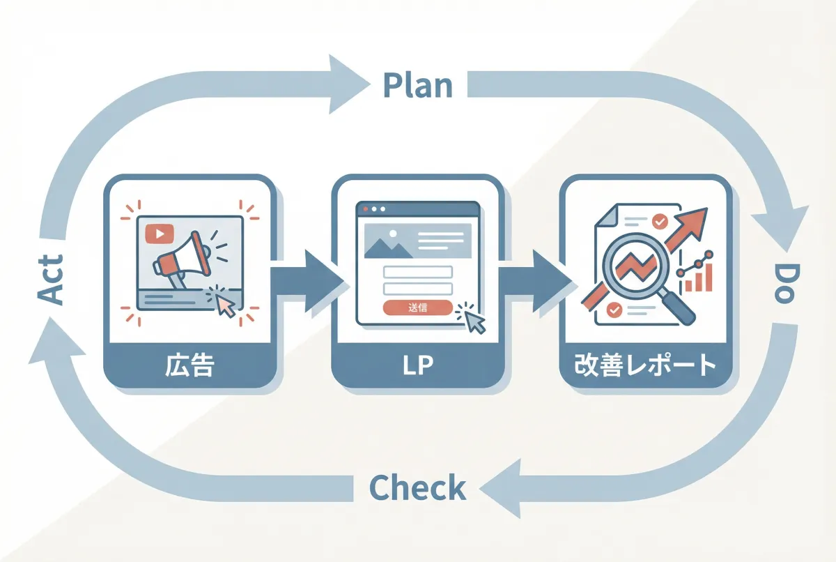 広告→LP→改善の一気通貫フローイラスト